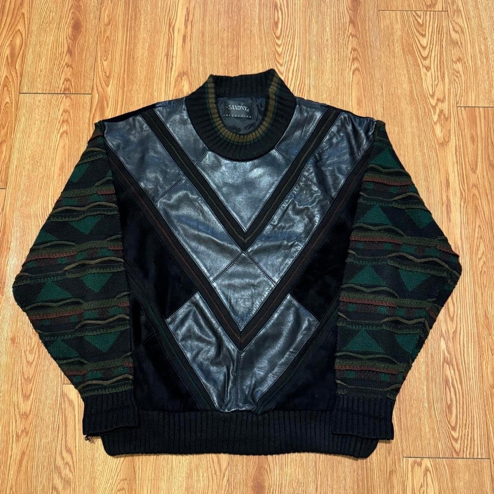 Saxony Collection Men's Sweater Large 3D Knit Vintage Leather 90s Green